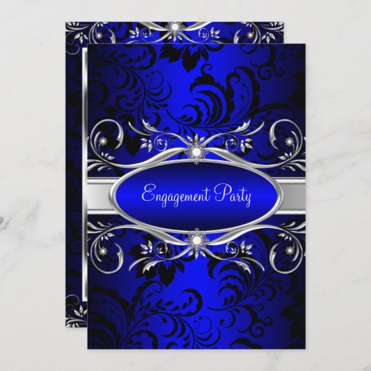 ブルーシルバーフローラスワール婚約パーティ 招待状 (正面/裏面)