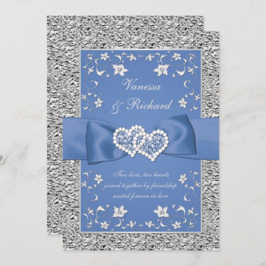 ブルーシルバーフローラフェイクハートフォイルウェディングアクト 招待状 (正面/裏面)