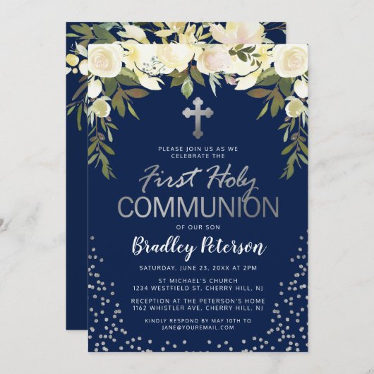 ブルーシルバーフローラボーイ第1聖餐式 招待状 (正面/裏面)