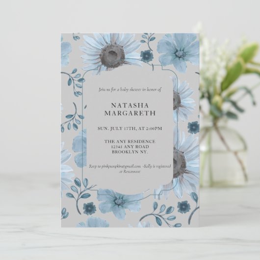 ブルーシルバーフローラ冬ベビーシャワーエレガントボー 招待状 (スタンド正面)