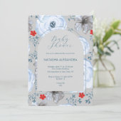 ブルーシルバーフローラ冬ベビーシャワーエレガントボー 招待状 (スタンド正面)