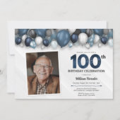 ブルーシルバーブラック&ホワイト100誕生日写真 招待状 (正面)