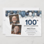 ブルーシルバーブラック&ホワイト100誕生日2写真 招待状 (正面)