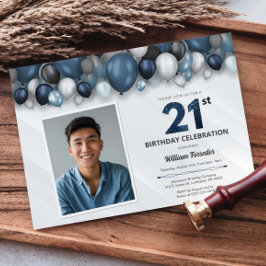 ブルーシルバーブラック&ホワイト21歳の誕生日の写真 招待状