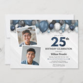 ブルーシルバーブラック&ホワイト25誕生日2写真 招待状 (正面)