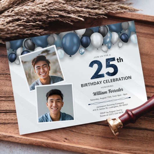 ブルーシルバーブラック&ホワイト25誕生日2写真 招待状