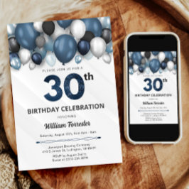 ブルーシルバーブラック&ホワイト30th誕生日招待状 招待状