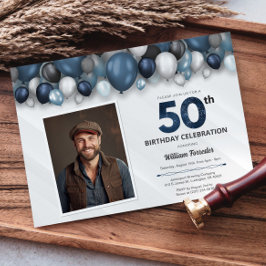 ブルーシルバーブラック&ホワイト50誕生日写真 招待状