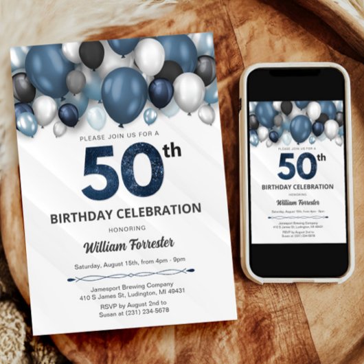 ブルーシルバーブラック&ホワイト50誕生日招待状 招待状