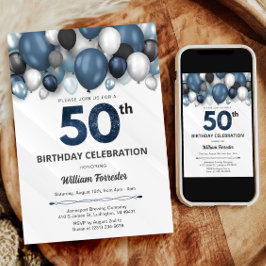 ブルーシルバーブラック&ホワイト50誕生日招待状 招待状