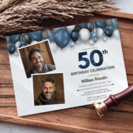 ブルーシルバーブラック&ホワイト50誕生日2写真 招待状