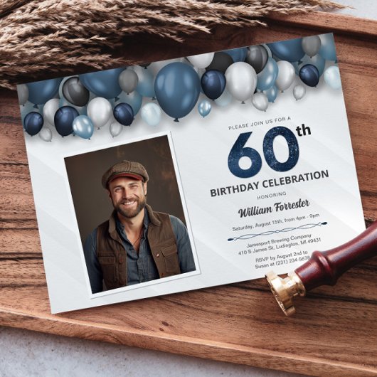 ブルーシルバーブラック&ホワイト60誕生日写真 招待状