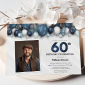 ブルーシルバーブラック&ホワイト60誕生日写真 招待状