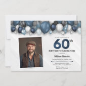 ブルーシルバーブラック&ホワイト60誕生日写真 招待状 (正面)