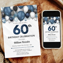 ブルーシルバーブラック&ホワイト60誕生日招待状 招待状