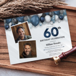 ブルーシルバーブラック&ホワイト60誕生日2写真 招待状
