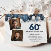 ブルーシルバーブラック&ホワイト60誕生日2写真 招待状