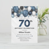 ブルーシルバーブラック&ホワイト70誕生日招待状 招待状 (スタンド正面)