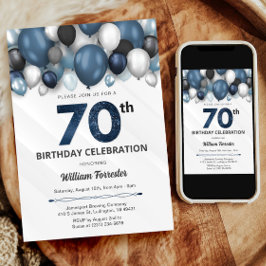 ブルーシルバーブラック&ホワイト70誕生日招待状 招待状
