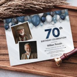 ブルーシルバーブラック&ホワイト70誕生日2写真 招待状