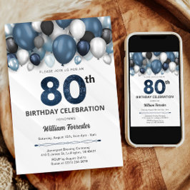 ブルーシルバーブラック&ホワイト80誕生日招待状 招待状