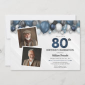 ブルーシルバーブラック&ホワイト80誕生日2写真 招待状 (正面)