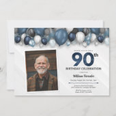 ブルーシルバーブラック&ホワイト90誕生日写真 招待状 (正面)