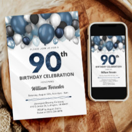 ブルーシルバーブラック&ホワイト90誕生日招待状 招待状