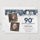 ブルーシルバーブラック&ホワイト90誕生日2写真 招待状 (正面)