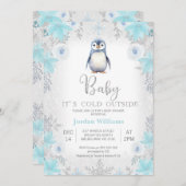 ブルーシルバーペンベビーベビーシャワー外は寒い 招待状 (正面/裏面)