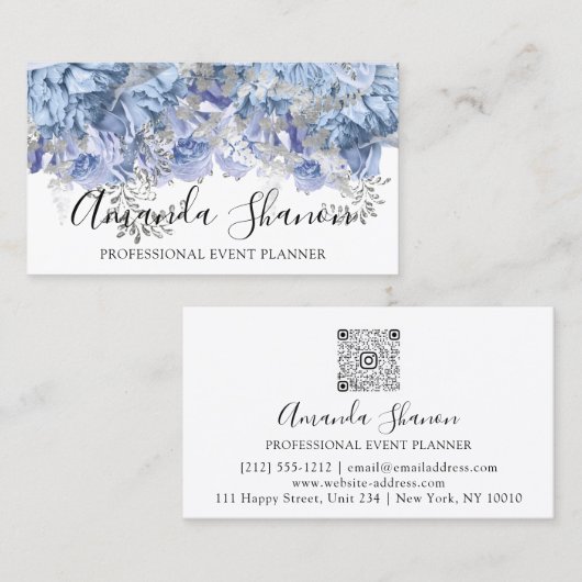 ブルーシルバーホワイトフラワーロゴイベントプランナーQRCode 名刺 (正面/裏面)