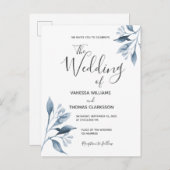 ブルーシルバーホワイト植物性結婚式招待状 ポストカード (正面/裏面)