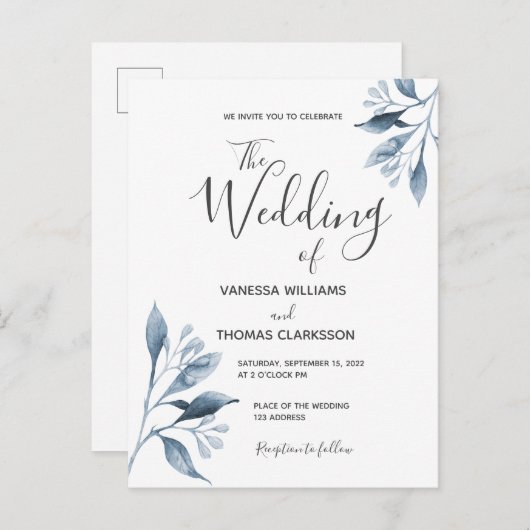 ブルーシルバーホワイト植物性結婚式招待状 ポストカード (正面/裏面)