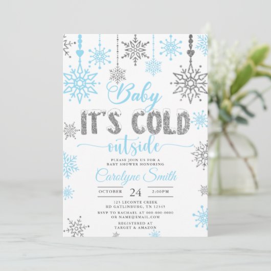 ブルーシルバーボーイベビーその冷たい屋外ベビーシャワー 招待状 (スタンド正面)