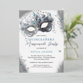 ブルーシルバーマスカレードマスクバタフライキンセアニェラ 箔招待状 (立ち正面)