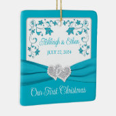 ブルーシルバーラブハート結婚ズの第1クリスマス セラミックオーナメント (右)