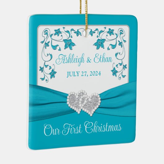 ブルーシルバーラブハート結婚ズの第1クリスマス セラミックオーナメント (右)