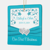 ブルーシルバーラブハート結婚ズの第1クリスマス セラミックオーナメント (左)