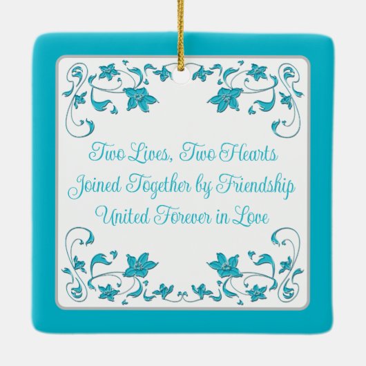 ブルーシルバーラブハート結婚ズの第1クリスマス セラミックオーナメント (裏面)