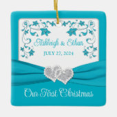 ブルーシルバーラブハート結婚ズの第1クリスマス セラミックオーナメント (正面)
