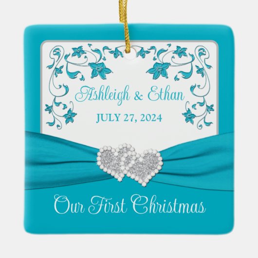 ブルーシルバーラブハート結婚ズの第1クリスマス セラミックオーナメント (正面)