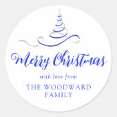 ブルーシルバーリボンツリーメリークリスマススクリプト ラウンドシール (正面)
