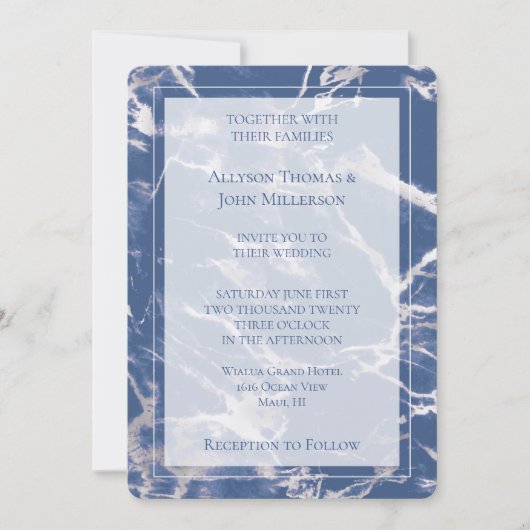 ブルーシルバー大理石エレガントな結婚式 招待状 (正面)