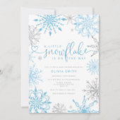 ブルーシルバー小さなスノーフレーク少年の赤ちゃんシャワー 招待状 (正面)