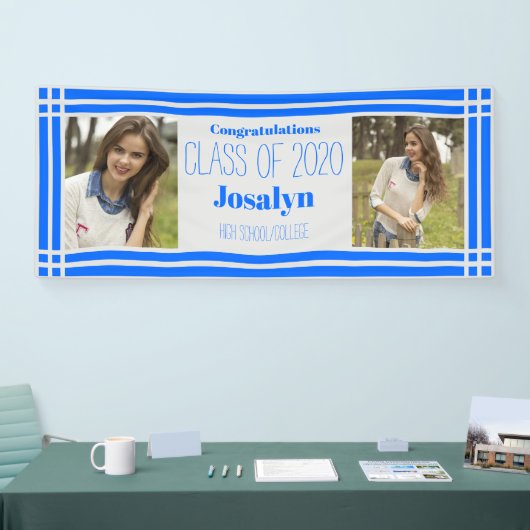ブルーシルバー幾何学写真2枚卒業 横断幕 (トレードショー)