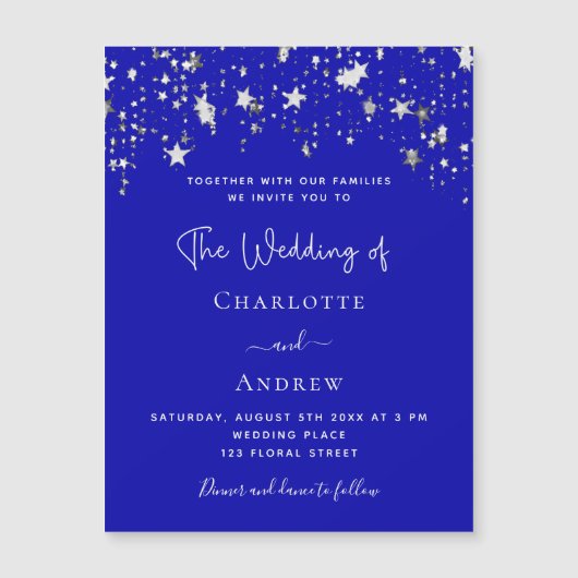 ブルーシルバー王室のスターズはラグジュアリーなスタイ結婚ズを台本 マグネット招待状 (正面)