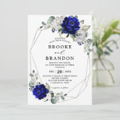 ブルーシルバー王室のホワイトアイボリージオメトリック結婚ス 招待状 (スタンド正面)