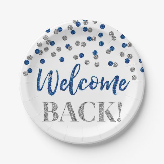 ブルーシルバー紙吹雪ウェルカムバック紙プレート ペーパープレート (正面)