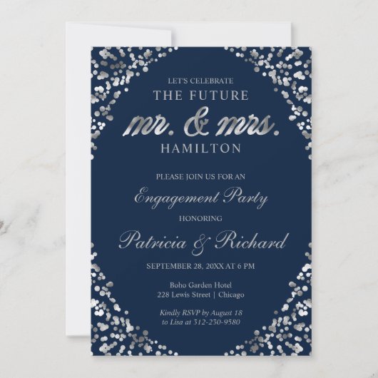 ブルーシルバー紙吹雪婚約パーティ招待状 案内状 (正面)