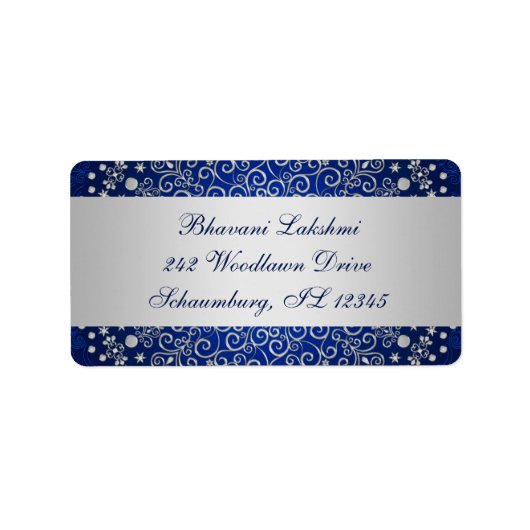 ブルーシルバー複雑なスクロール差出人住所ラベル ラベル (正面)